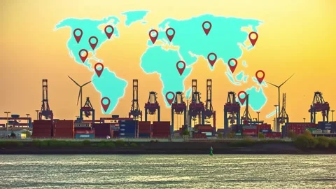 Time lapse of an import export cargo port with containers. 3D animation of Stock Footage 305591683