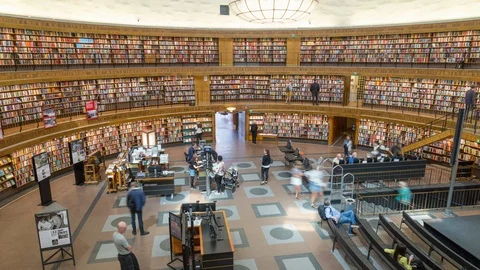 Time lapse inside the Stadsbibliotek library in Stockholm, Sweden Stock Footage 96066583