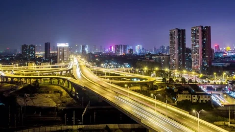 Time lapse of interchange at night in city ,WUHAN,China Stock Footage 74284394