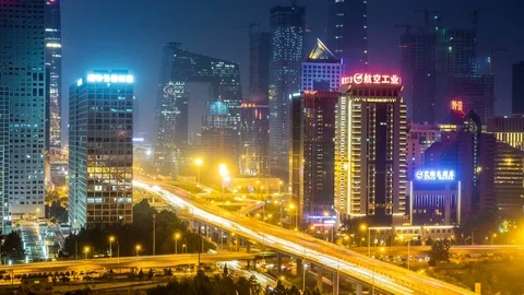 Time lapse of Jianwai SOHO,the CBD skyline at night in Beijing,China Видео 78716411