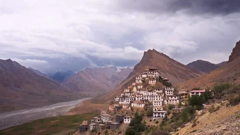 Time Lapse of Key Gompa Monastery (4166 m) at sunrise. Spiti valley, Himachal Stock Footage 201716466