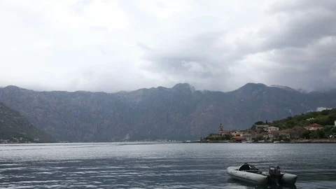 TIME LAPSE - Kotor bay on a cloudy day with boat in the front Stock Footage 115829348