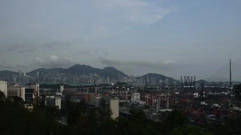 Time-lapse of Kwai Tsing Container Terminals and Hong Kong Island in Nightfall Stock Footage 133749617