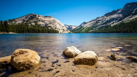 Time lapse of a lake at low angle and high mountains in the background Stock Footage 94370355