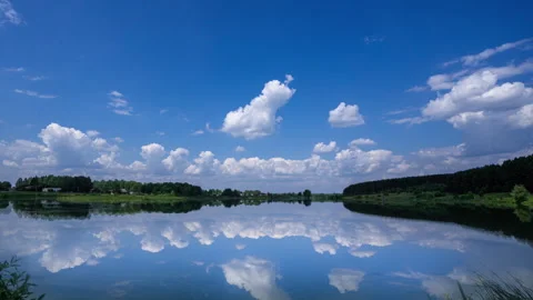 A time-lapse of a lake reflecting the moving clouds above Stock Footage 246234098