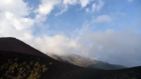 Time Lapse, Landscape with clouds moving above black lava stone and volcano ( Stock Footage 85661592