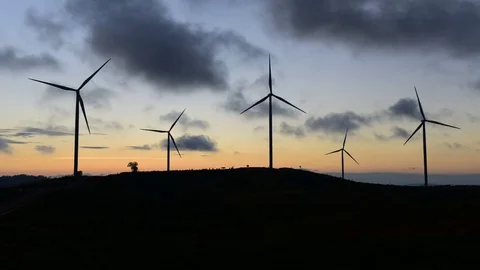 Time-Lapse of Landscape Sun sets in the fields of wind turbines. Stock Footage 76337663