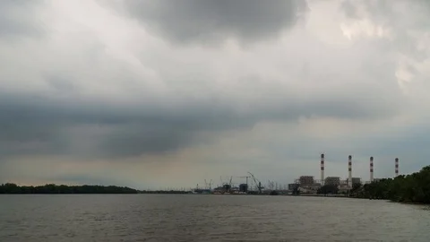 Time Lapse Large construction By the river with crane work. Stock Footage 119219969