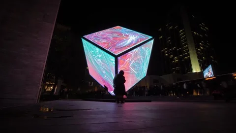 Time lapse: LED cube with colorful abstract show on screen walls: immersive art Stock Footage 339774479