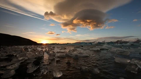 Time Lapse of Lenticular Cloud in Iceland, Icey Lake Sunset Stock Footage 123678678