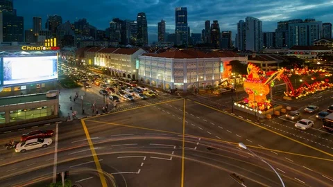 Time lapse of light trails and Chinese New Year Rooster decorations in Singapore Stock Footage 71542604