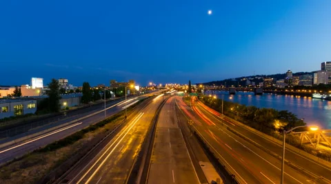 Time Lapse of Light Trails on Marquam Freeway Over Portland Oregon at Blue Hour Stock Footage 40705415