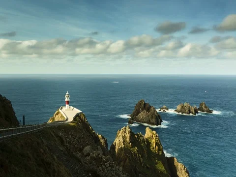 Time lapse of lighthouse, water and drifting clouds. Stock Footage