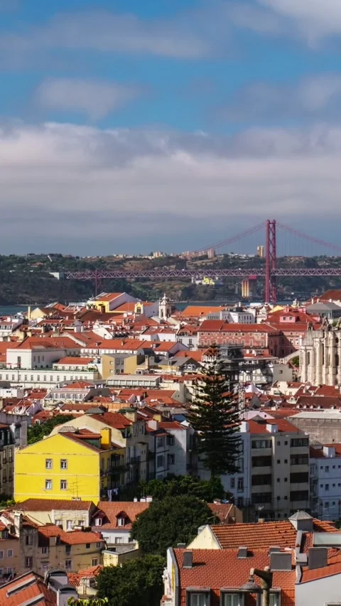 Time-lapse of Lisbon from Miradouro dos Barros viewpoint with moving clouds. Stock Footage 342414888