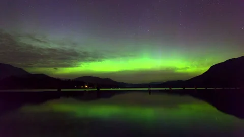 Time Lapse Lockdown Majestic View Of Aurora Sky Above Lake Amidst Mountains - Stock Footage 160324017