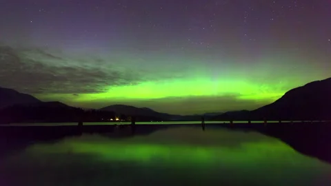 Time Lapse Lockdown Scenic View Of Mountains By Lake With Aurora - Vancouver, Stock Footage 160320971