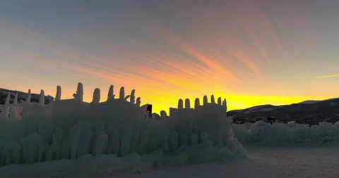 Time Lapse Lockdown Shot Of Beautiful Ice Castles During Sunset, People Stock Footage 160323817