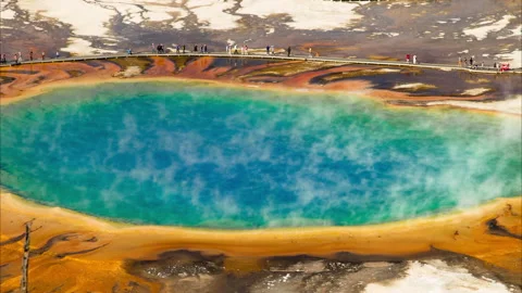 Time Lapse Lockdown Shot Of People Walking Around Steamy Hot Spring During Stock Footage 160327647