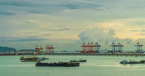 Time-lapse Logistic shipping quay boat in twilight sky night Stock Footage 273272585