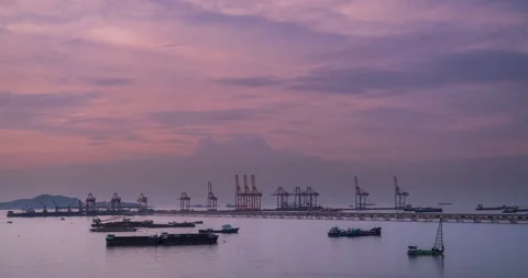 Time-lapse Logistic shipping quay boat in twilight sky night Engineering Stock Footage 277616513