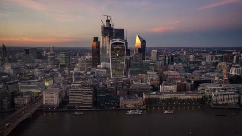 Time lapse London sunset, view on business modern district, UK Stock Footage 97088090