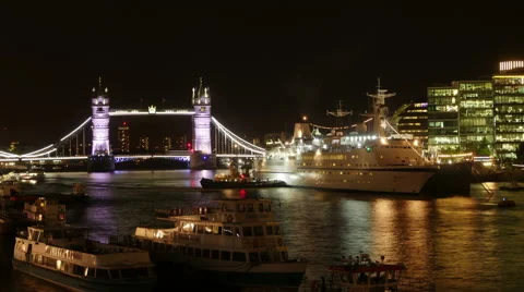 Time Lapse of London's Tower Bridge with Ships at Night, Thames, England, UK Stock Footage 68766945