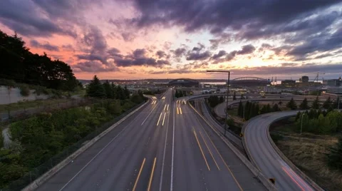 Time Lapse of Long Exposure Freeway Traffic in Seattle Washington at Sunset 4k Stock Footage 54716755