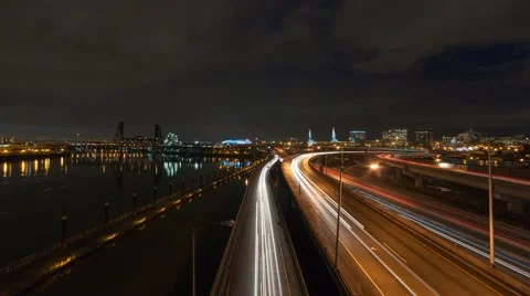 Time lapse of long exposure freeway traffic light trails in Portland OR at night Stock Footage 61279155