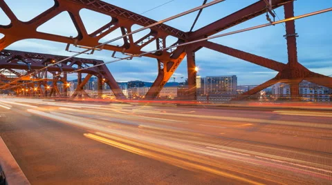 Time Lapse of Long Exposure Light Trails Road Traffic on Broadway Bridge 1080p Stock Footage 46229013