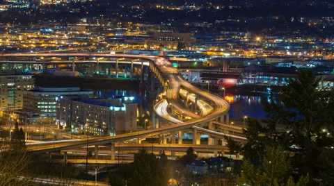 Time Lapse of Long Exposure Traffic Light Trails on in Portland OR at Night Video stock 47556927