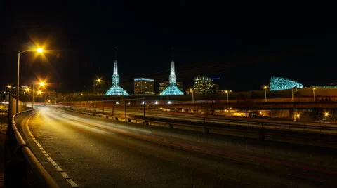 Time Lapse of Long Exposure Traffic Light Trails in Portland Oregon at Night Stock Footage 47923559
