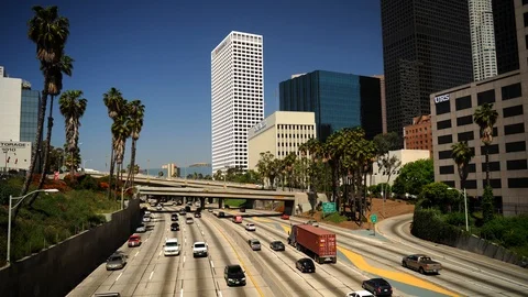Time Lapse of Los Angeles Downtown Skyline Cars Traffic Jam on Busy Highway Day Stock Footage 95601869