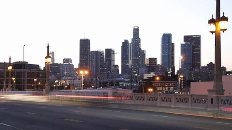 Time lapse los angeles downtown from los angeles river at sunset Stock Footage 108686758