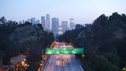 Time lapse los angeles downtown at sunset with freeway at sunset Stock Footage 108730174