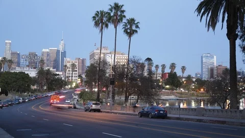 Time lapse los angeles at sunset from MacArthur Park, california, usa Stock Footage 108686840
