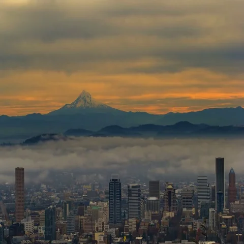 Time lapse of low clouds and fog over Portland OR and mt. hood at sunrise 4k uhd Stock Footage 69491128