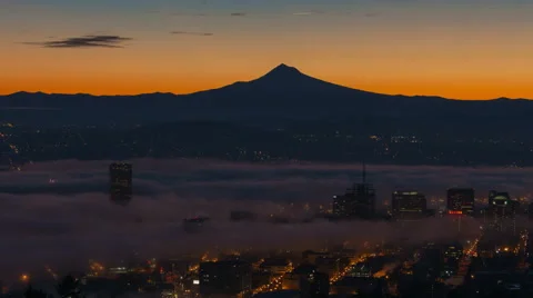 Time Lapse of Low Fog over City of Portland Oregon with Mount Hood at Sunrise Stock Footage 46703684
