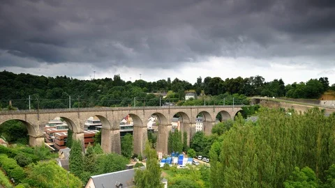 Time Lapse of Luxembourg Skyline with Train Passing on Clausen Viaduct Tracks Stock Footage 98735477