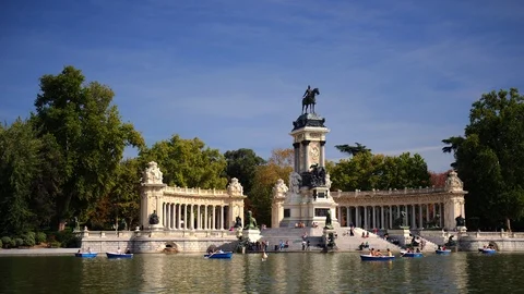 Time Lapse of Madrid Retiro Park Lake Tourists People on Recreational Boats Day Stock Footage 109312027