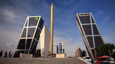 Time Lapse of Madrid Skyline Leaning Towers People and Car Traffic Europe Square Stock Footage 109312160