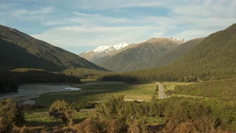 Time-lapse of the Makarora River valley Mt Aspiring National Park, New Zealand. Stock Footage 144794146