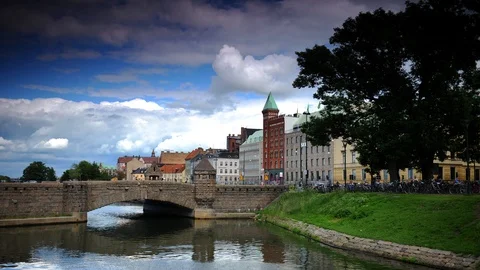 Time Lapse of Malmo Skyline People Cars Traffic and Urban Transport on Bridge Stock Footage 95979047
