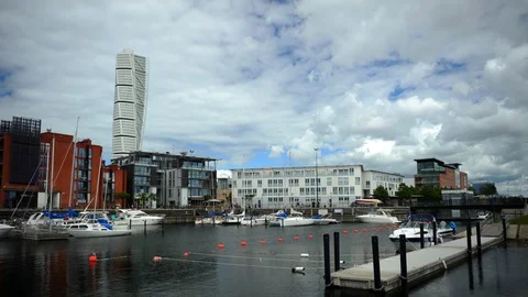 Time Lapse of Malmo Skyline People and Luxury Boats in City Harbor Landmark Day Video stock 95979793
