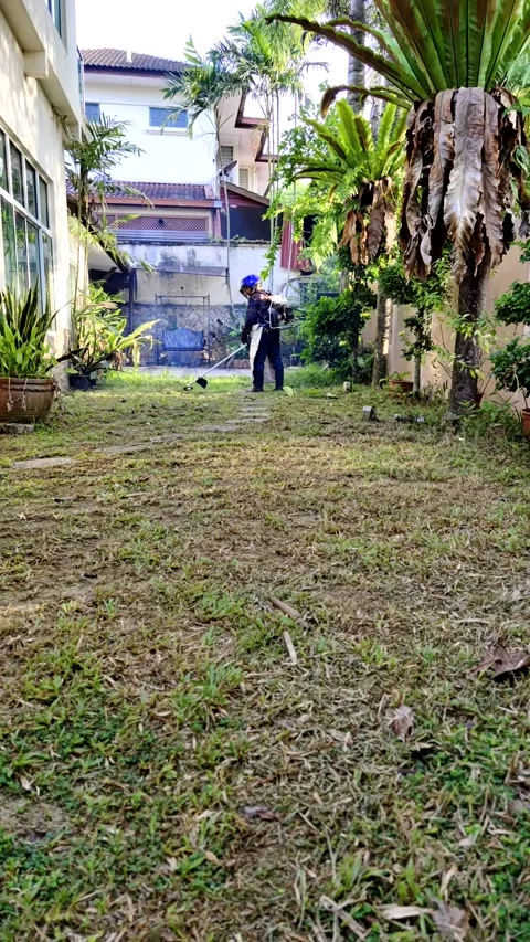 Time lapse a man working with a brush cutter in the garden Vidéo 275357603