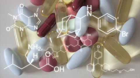 Time lapse of medication an supplement pills a white surface while chemical stru Stock Footage 221442747
