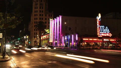 Time lapse mel's drive in vintage by night in Hollywood Los angeles Stock Footage 108928265