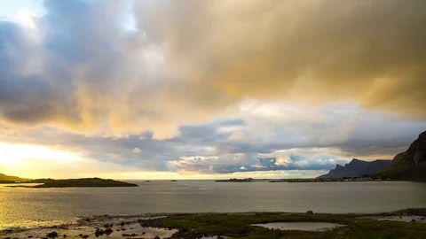 Time lapse of midnight sun at Fredvang bridges in Lofoten, Norway Stock Footage 75004663