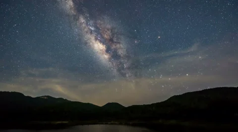 Time lapse - Milky way over reservoir with mountain night sky. Stock Footage 65400487