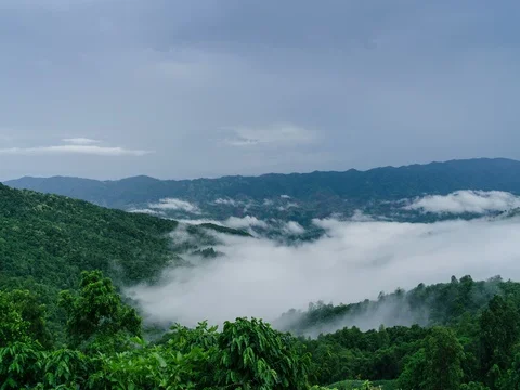 Time Lapse Mist Moving Over The Green Mountain at Phu Chee Pha. Chiang Rai. Stock Footage 75807221