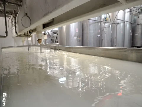 Time lapse of mixing the milk in a large stainless steel tank. Dairy plant Stock Footage 75041453